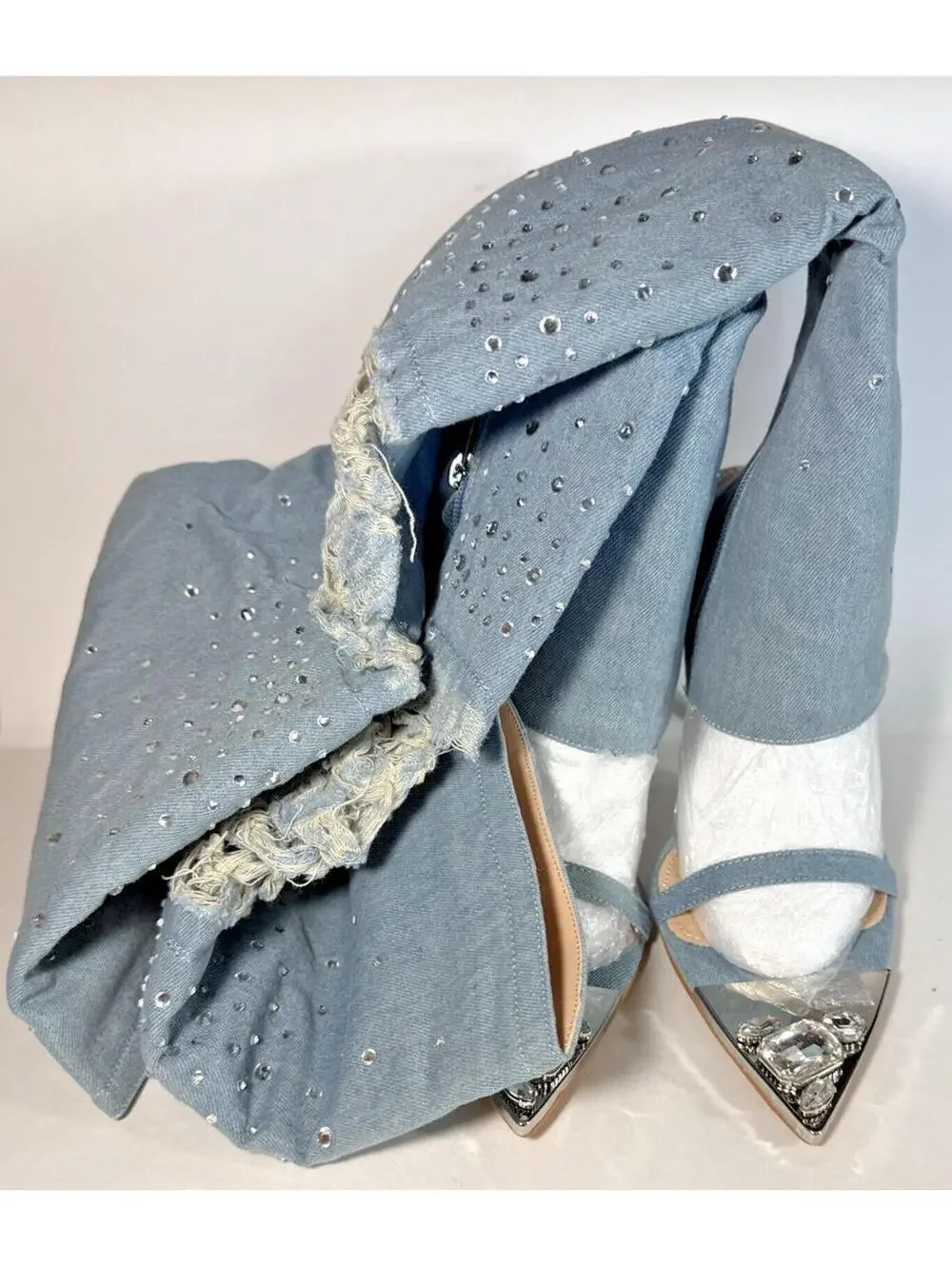 CAPE ROBBIN Kyara Rhinestone Denim Thigh High Heel Boots - Picture 2 of 9